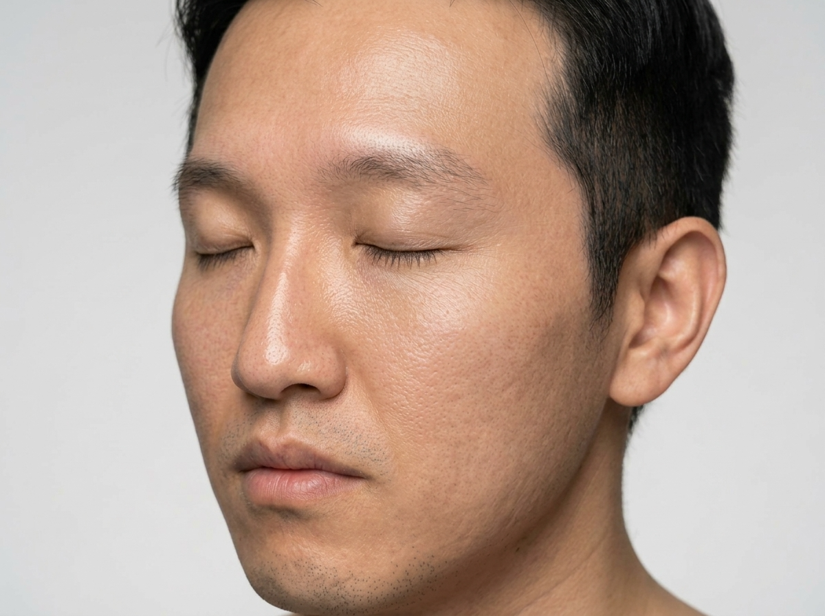 Close-up of a person with a neutral expression on a plain background